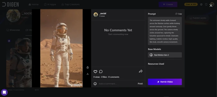 DiGen AI video player showing the generated video of the astronaut walking on Mars with camera movement