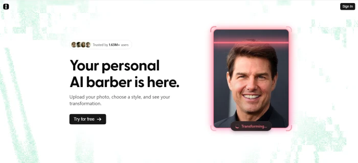 BarberGPT homepage dashboard with hairstyle preview entry point and free trial messaging