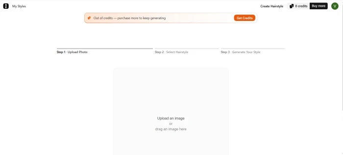 BarberGPT hairstyle preview dashboard showing the upload area and style selection panel