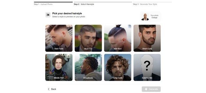 BarberGPT style selection dashboard after photo upload with hairstyle thumbnail options