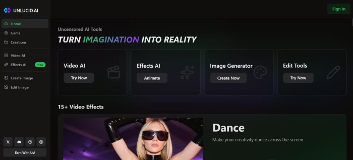 Unlucid AI dashboard showing image generation, video AI, and editing tool entry points with gem balance