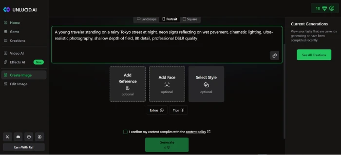 Unlucid AI image generation dashboard with cinematic Tokyo prompt entered in the prompt field