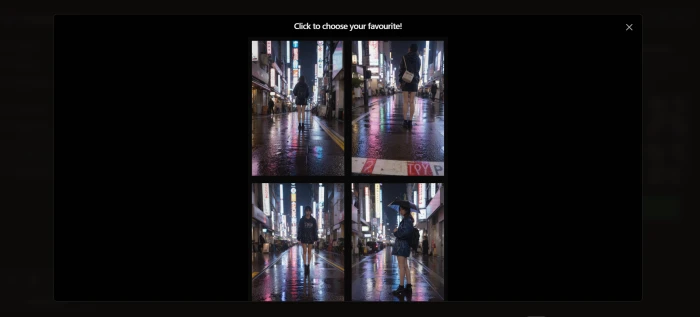 Unlucid AI four-variant output grid showing the rainy Tokyo traveler scene in different compositions