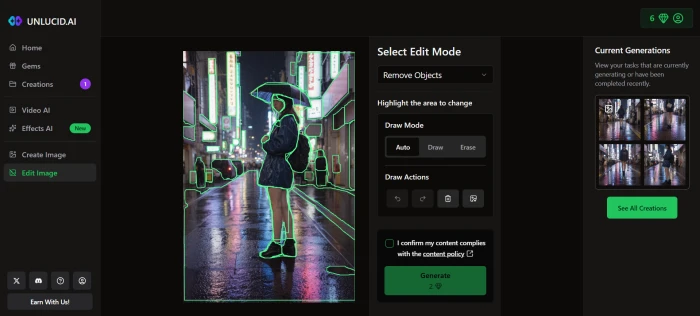 Unlucid AI image editing dashboard with the generated Tokyo traveler image loaded and editing controls visible