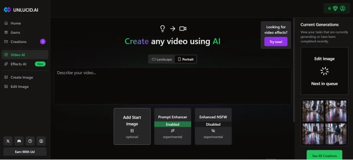 Unlucid AI video AI dashboard showing effect presets and the upload area for image-to-video conversion