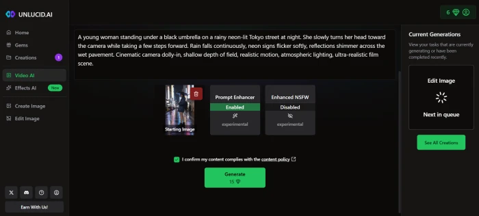 Unlucid AI video AI generation screen with the Tokyo image loaded and a cinematic motion prompt entered ready to generate