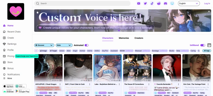 CrushOn AI main dashboard with character cards trending list and tool category navigation