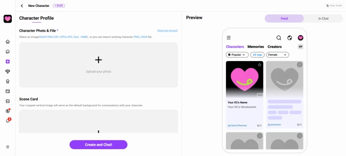 CrushOn AI create character dashboard with appearance personality backstory and conversational style fields