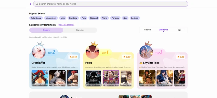 CrushOn AI character search dashboard showing top ranked characters with name and keyword search