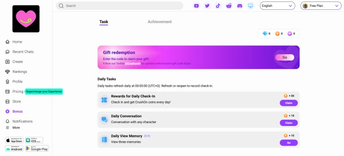 CrushOn AI bonus tasks dashboard showing daily check-in character interaction and other tasks rewarding coins