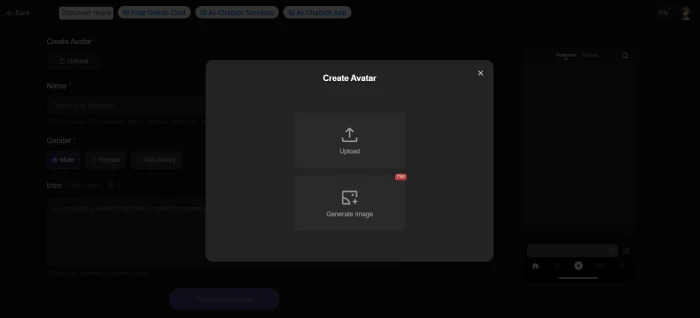 PolyBuzz avatar selection screen with upload existing image and generate new image with AI options