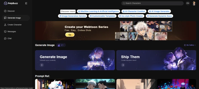 PolyBuzz image generation dashboard with prompt input area and style selection controls