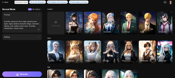 PolyBuzz image generator with detailed anime girl cyberpunk prompt entered ready to generate