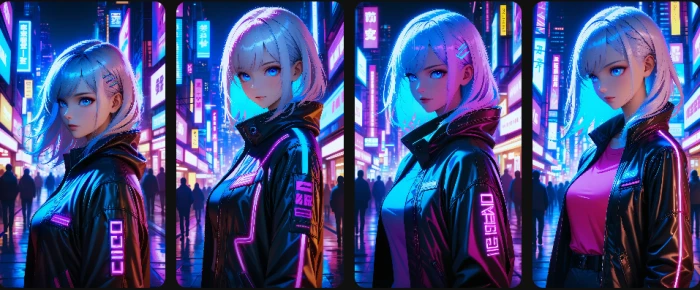 PolyBuzz four-image grid output showing anime girl variants with silver hair blue eyes cyberpunk neon settings