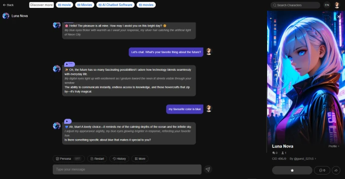 PolyBuzz live chat conversation with the custom created anime character showing two exchanges