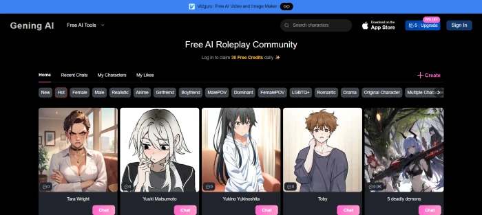 Gening AI dashboard accessed directly without signup showing character library and tool navigation