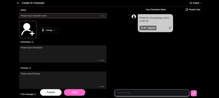 Gening AI create AI character dashboard with personality backstory and speaking style fields