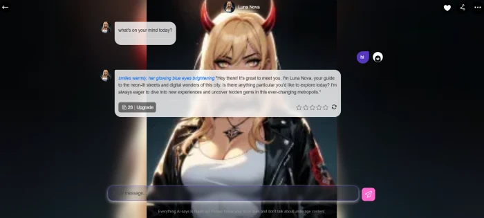 Gening AI live chat dashboard with the newly created custom character ready for conversation