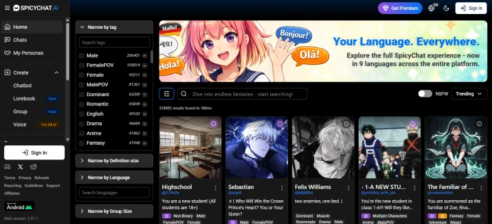 SpicyChat AI main dashboard showing community character library and category filters