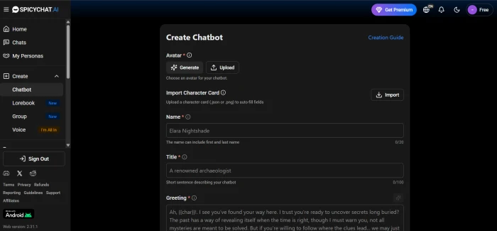 SpicyChat create chatbot dashboard with personality backstory and behaviour fields