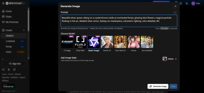 SpicyChat image generation interface with detailed fantasy elven queen prompt entered