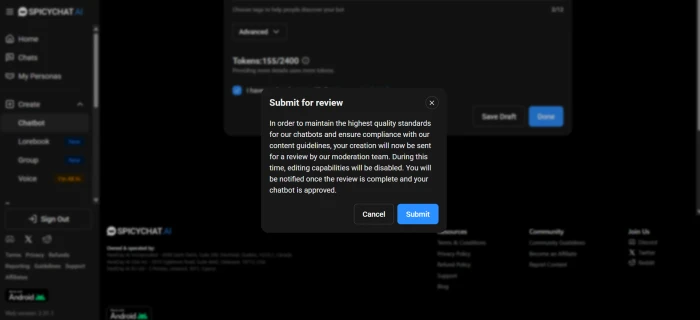 SpicyChat AI custom chatbot moderation review screen with submit button and editing disabled notice