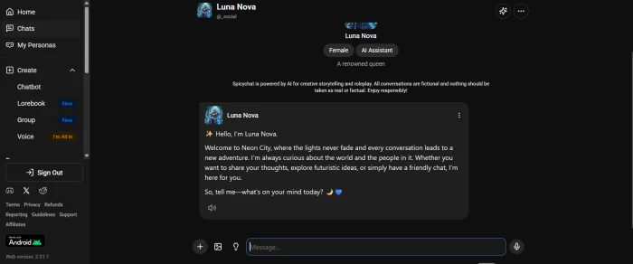 SpicyChat AI chat dashboard with the newly created and approved custom chatbot ready for conversation