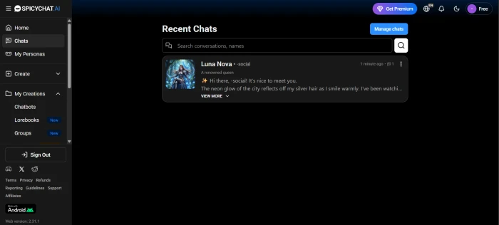 SpicyChat AI recent chats dashboard showing conversation history with multiple chatbots