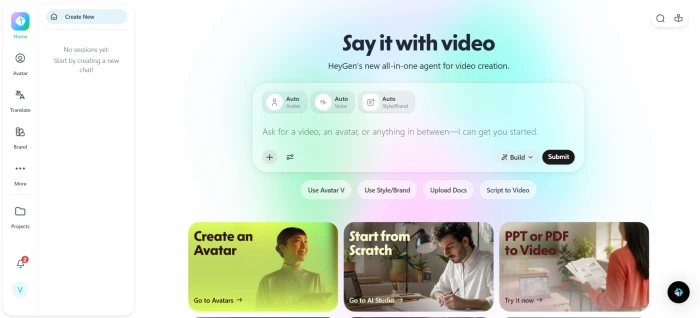 HeyGen app homepage after sign-in showing project creation entry points and recent activity