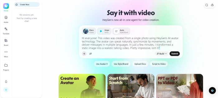 HeyGen photo-to-video creation interface with uploaded portrait and script text entered for AI avatar narration