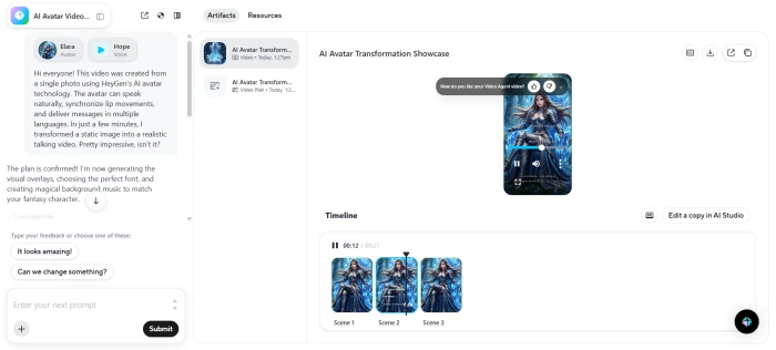 HeyGen video editing dashboard with multi-track timeline scene cards and avatar preview after render