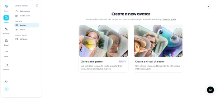 HeyGen new avatar creation dashboard with options for webcam recording photo upload and instant avatar generation