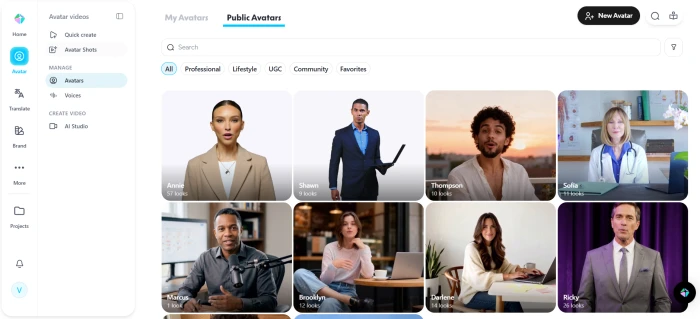 HeyGen public avatar dashboard showing stock avatars across diverse ethnicities ages and attire styles
