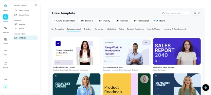 HeyGen video templates dashboard organised by use case marketing training sales explainer