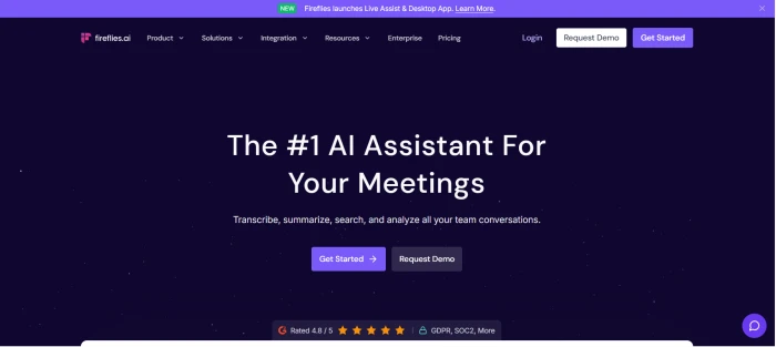Fireflies AI marketing homepage before login with feature highlights and signup CTA