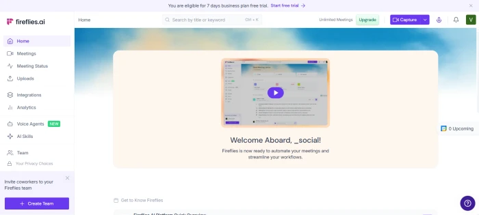 Fireflies AI dashboard after login showing meeting management entry points and recent activity