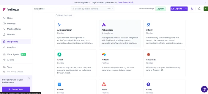 Fireflies AI integration dashboard showing CRM project management collaboration and storage tool connections