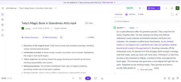 Fireflies AI transcription result with speaker attribution timestamps and full text output from uploaded video