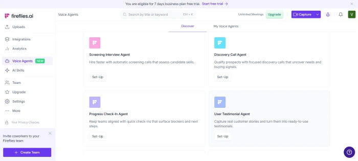 Fireflies AI voice agents dashboard with options to create custom interview agents call agents and meeting assistants