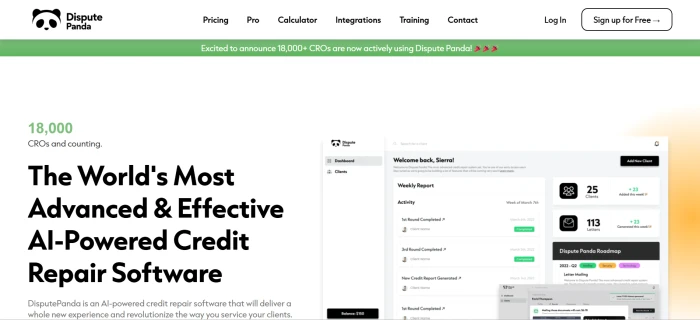 Dispute Panda marketing homepage before login with AI credit repair feature highlights and trial signup CTA