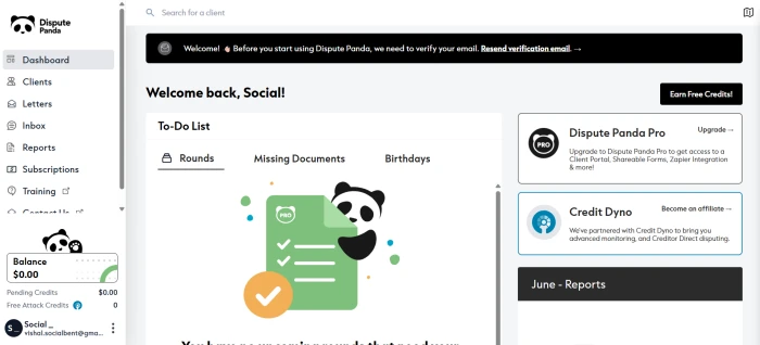 Dispute Panda dashboard after login showing the main app surfaces for credit repair professionals