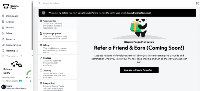 Dispute Panda refer a friend program dashboard showing coming soon status placeholder for future referral rewards feature