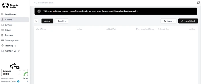 Dispute Panda empty client dashboard with options to add new client manually or import bulk client details