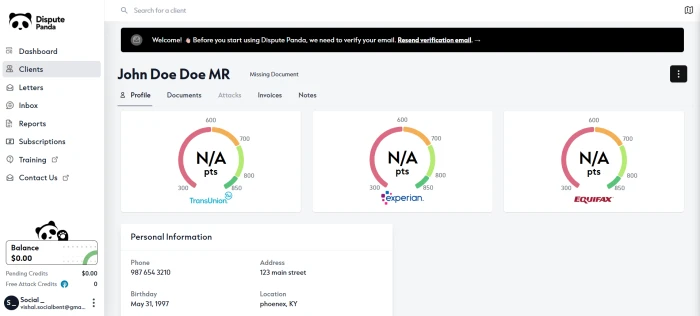 Dispute Panda demo client profile showing dispute round tracking bureau status letter history and credit repair workflow controls