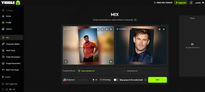 Viggle AI Mix function interface with uploaded character image paired with template motion video ready to generate