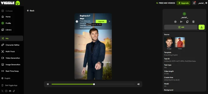 Viggle AI generated video result showing static character animated with motion transferred from template video