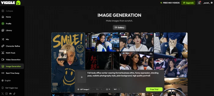 Viggle AI image generation dashboard with text prompt input for creating custom character portraits from descriptions