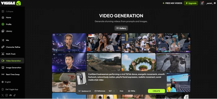 Viggle AI standalone video generation tool with character image and detailed text prompt for businessman dance video creation
