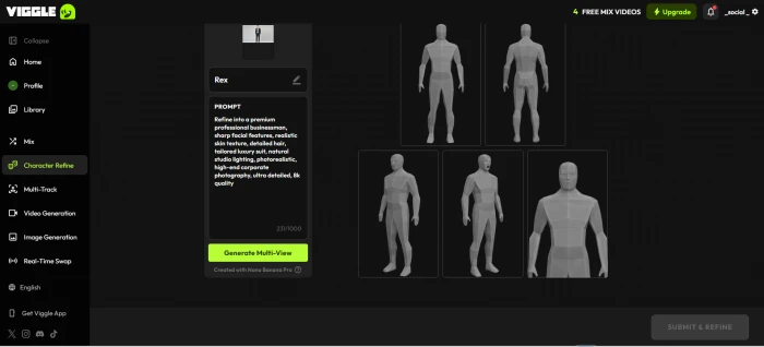Viggle AI character refine tool with generated character image and detailed refinement prompt for premium professional appearance