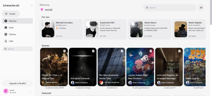 Character AI main dashboard showing featured characters categories trending bots and creation entry points